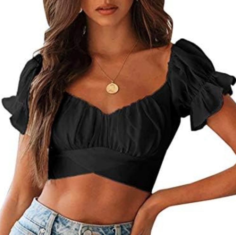 Avanova Juniors NWOT Black Ruffle Short Sleeve Wrap Crop Top Size 2XL